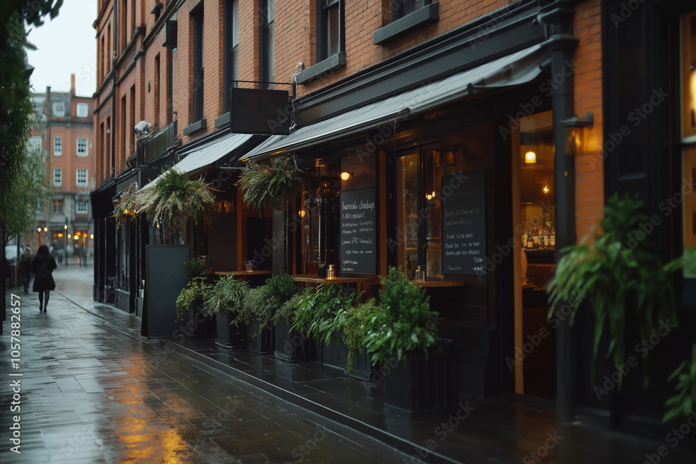 Charming street view of a cozy restaurant with outdoor seating on a rainy day Charming street view of a cozy restaurant with outdoor seating on a rainy day
