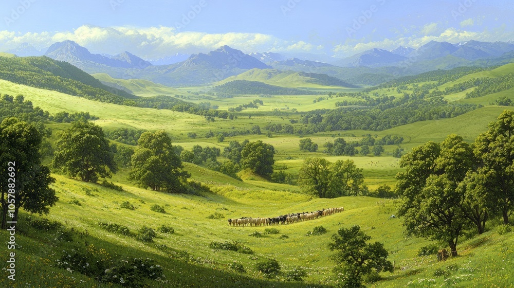 Tending Livestock: Dedicated Farmer Herding Cattle in Vibrant Valley Landscape with Majestic Mountains in the Background Tending Livestock: Dedicated Farmer Herding Cattle in Vibrant Valley Landscape with Majestic Mountains in the Background