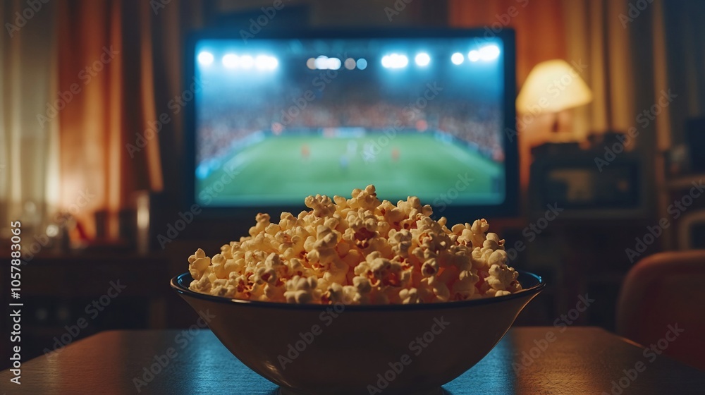 Bowl of popcorn in front of a television with a blurry image of a football game on the screen. Bowl of popcorn in front of a television with a blurry image of a football game on the screen.