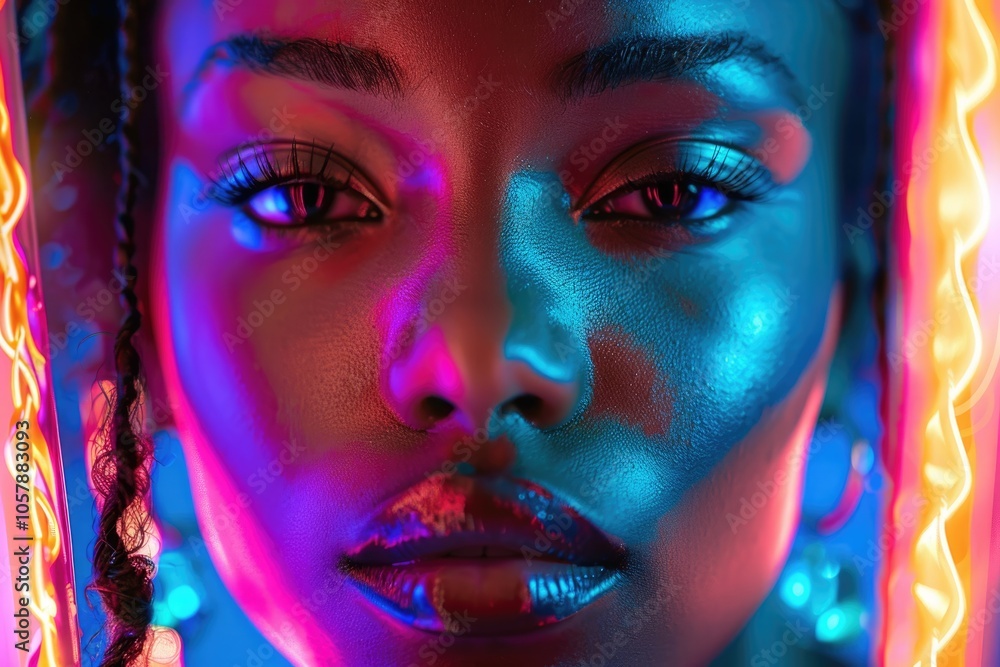 Closeup portrait of pretty African American woman in bright neon lights Closeup portrait of pretty African American woman in bright neon lights