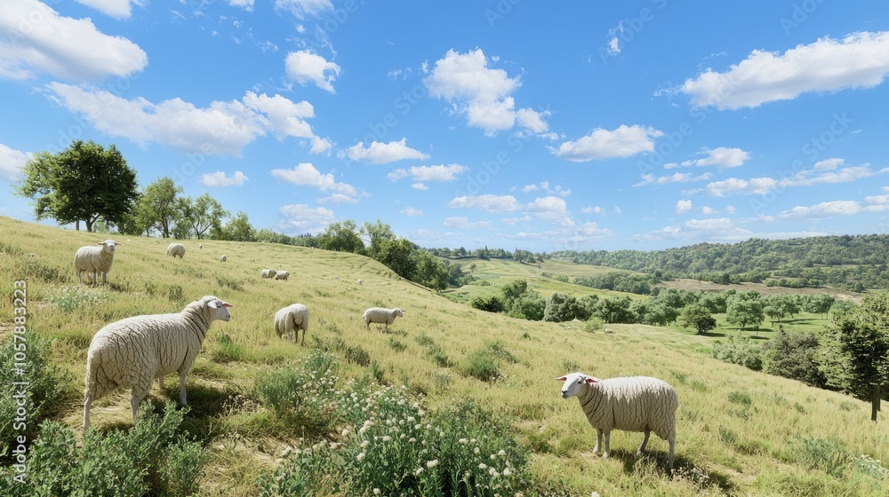 Fototapeta premium Tranquil Sheep Grazing on Hillside in Idyllic Rural Landscape on Livestock Farm with Blue Sky and Fluffy Clouds - Ultra-Detailed Image