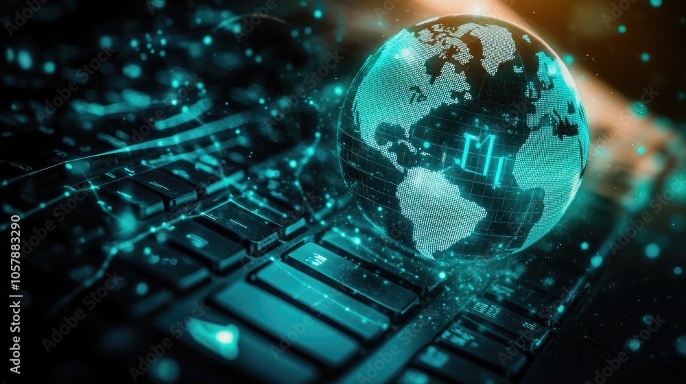 Green world globe on a keyboard, illuminated in soft light, conveying sustainable digital development Green world globe on a keyboard, illuminated in soft light, conveying sustainable digital development