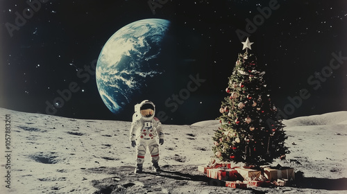 astronaut standing next to a decorated christmas tree on the earth