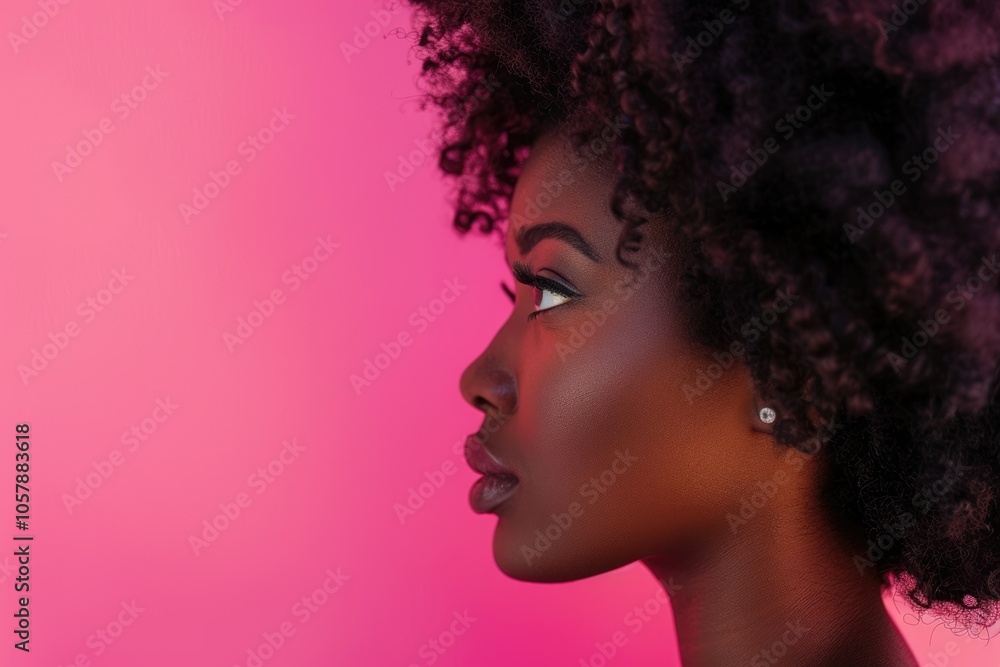Stunning afro woman profile photo on bright pink background. Stunning afro woman profile photo on bright pink background.