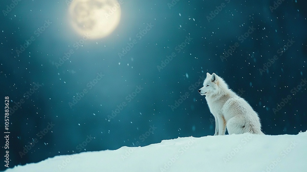 Fototapeta premium A white wolf atop a snow-covered hill beneath a luminous full moon during nighttime