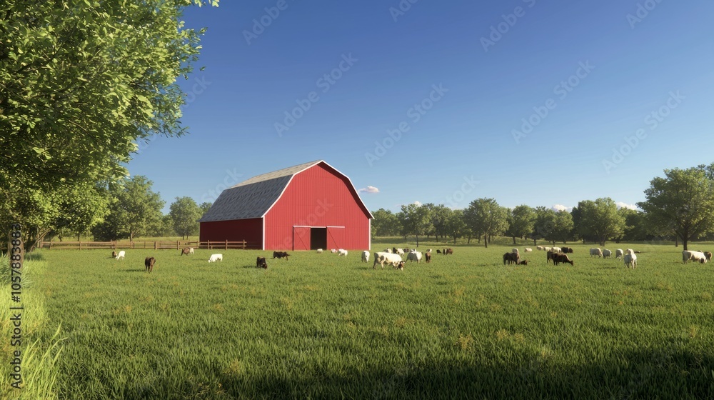 Vibrant Livestock Farm Landscape with Red Barn and Grazing Animals on Lush Fields under Clear Blue Sky, Rural Charm Ultra-Detailed Image Vibrant Livestock Farm Landscape with Red Barn and Grazing Animals on Lush Fields under Clear Blue Sky, Rural Charm Ultra-Detailed Image