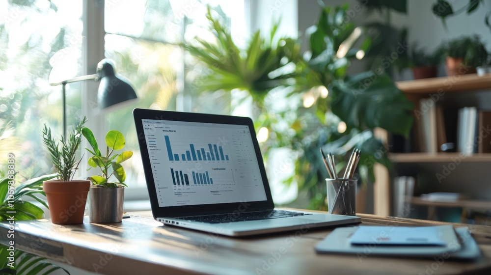 Home office desk with laptop and indoor plants Home office desk with laptop and indoor plants