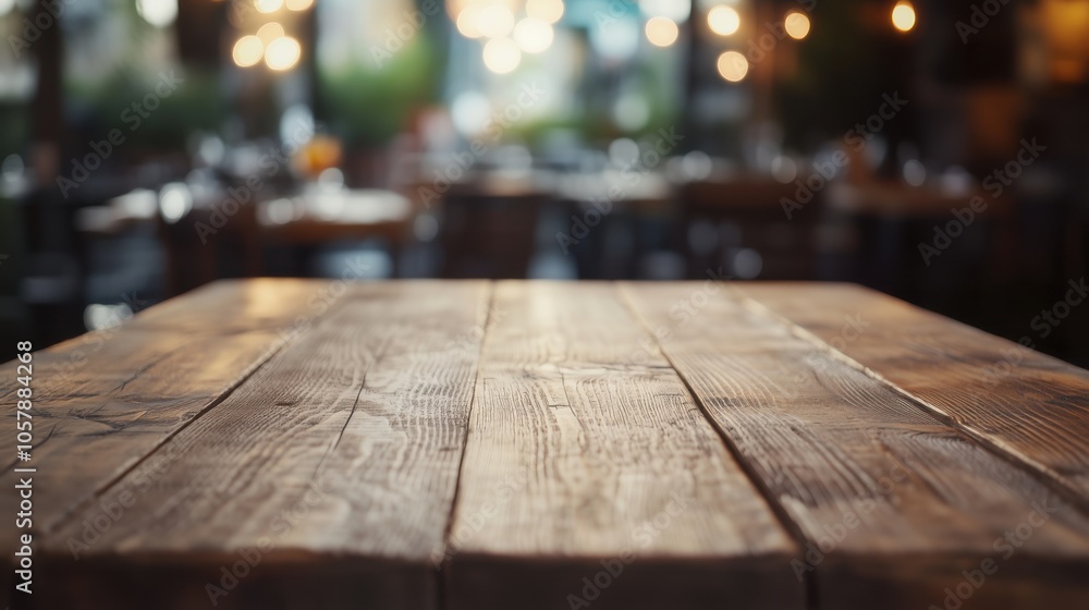 Wooden table in a cozy restaurant setting with blurred background lights during evening Wooden table in a cozy restaurant setting with blurred background lights during evening