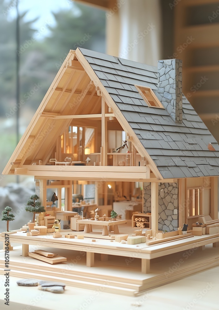 A small wooden house with a large window and a fireplace. The house is made of wood and has a cozy, warm feeling A small wooden house with a large window and a fireplace. The house is made of wood and has a cozy, warm feeling