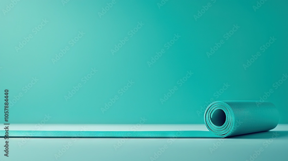 A rolled-up yoga mat resting atop a white table, accompanied by a bottle of water against a blue backdrop A rolled-up yoga mat resting atop a white table, accompanied by a bottle of water against a blue backdrop