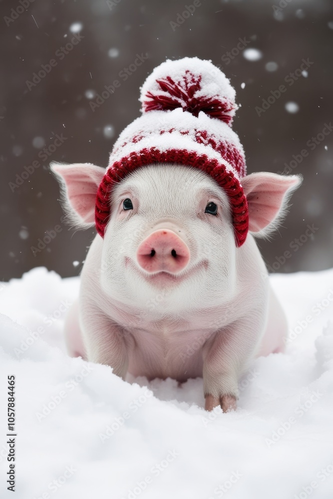 Smiling pig in red winter hat sitting in snowy setting Smiling pig in red winter hat sitting in snowy setting
