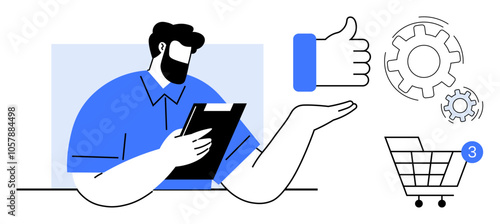 Man holding digital tablet raises hand towards thumbs-up icon. Shopping cart has three notifications. Ideal for e-commerce, online shopping, customer feedback, technology, business productivity