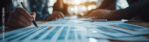 Close-up of hands analyzing graphs and charts during a business meeting, highlighting teamwork and decision-making.