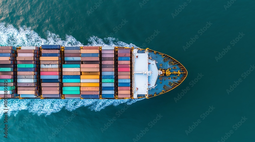 Fototapeta premium A top view image of a cargo ship loaded with colorful shipping containers, neatly organized on the deck