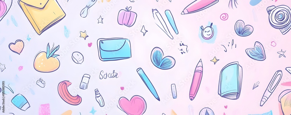 Colorful and playful doodles featuring stationery items, perfect for creative projects and backgrounds. Colorful and playful doodles featuring stationery items, perfect for creative projects and backgrounds.