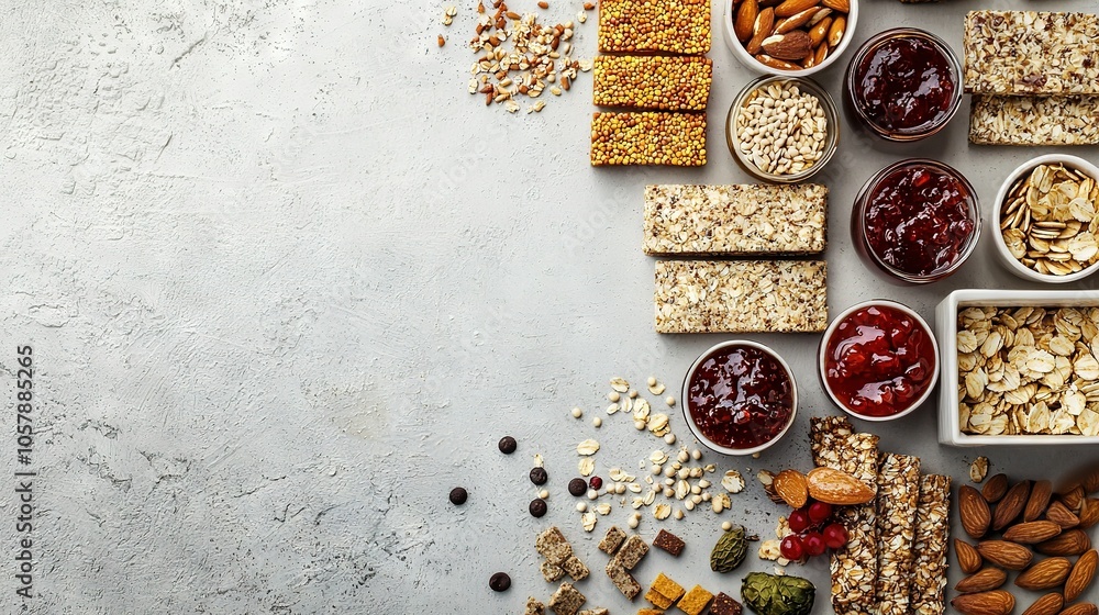 A table featuring various nuts and crackers alongside bowls of peanut butter and jelly A table featuring various nuts and crackers alongside bowls of peanut butter and jelly