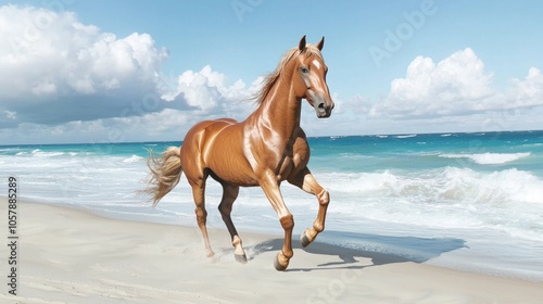 Majestic Horse Galloping on Sandy Beach with Crashing Waves - Capturing Adventure and Freedom