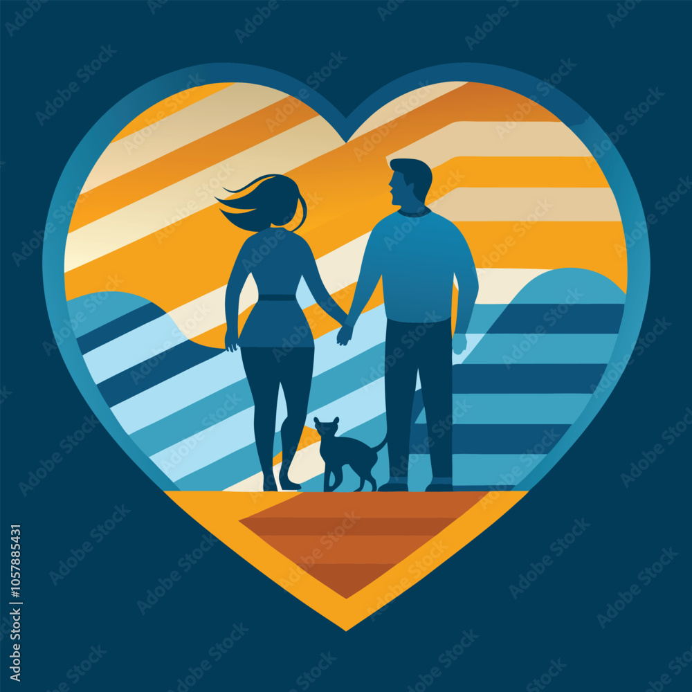 A couple and their dog are walking in front of a heart that says love. A couple and their dog are walking in front of a heart that says love.