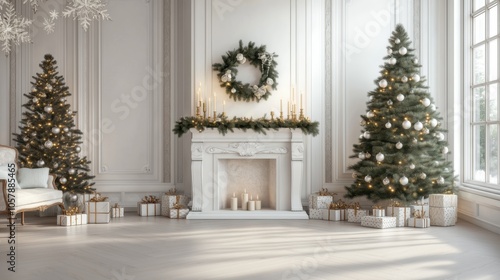 Elegant Christmas living room decorated with two trees, a glowing fireplace, and beautifully wrapped presents during winter