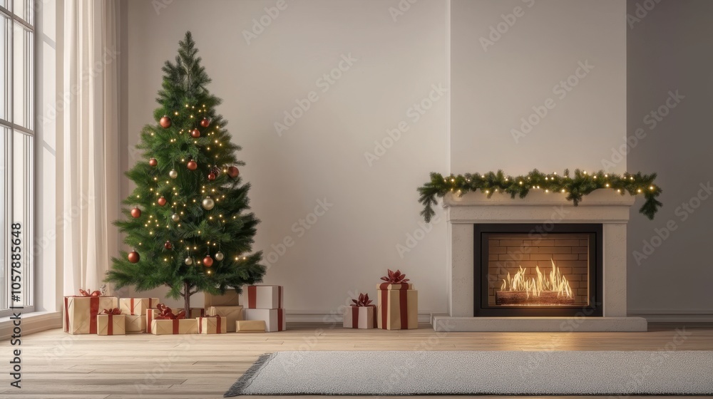 Cozy living room decorated for Christmas with a tree, gifts, and a warm fireplace lighting up the space Cozy living room decorated for Christmas with a tree, gifts, and a warm fireplace lighting up the space