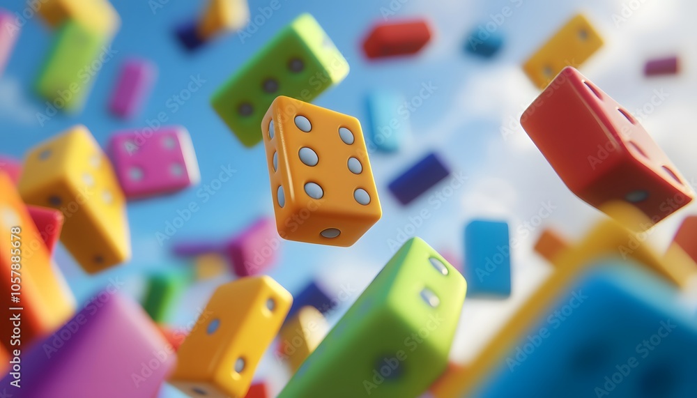Naklejka premium Colorful floating dice create a playful atmosphere, perfect for games, fun events, and creative designs that evoke joy and excitement.