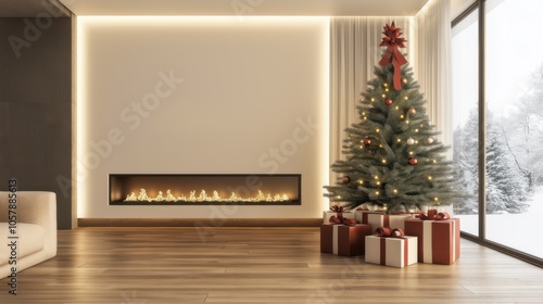 Cozy living room adorned with a decorated Christmas tree and gifts, featuring a modern fireplace and a snowy landscape outside