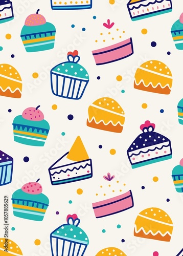 Cake seamless pattern with cream. Fun colorful line doodle seamless pattern. Creative minimalist style art background for children trendy design with basic shapes. Simple childish scribble backdrop.