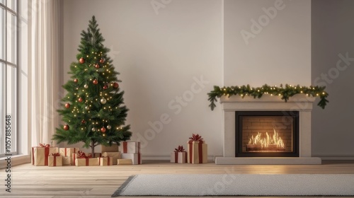 Cozy living room decorated for Christmas with a tree, gifts, and a warm fireplace lighting up the space