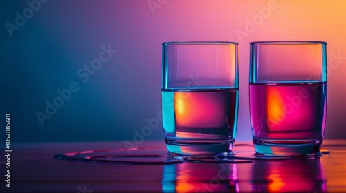 Two water glasses with colorful reflections
