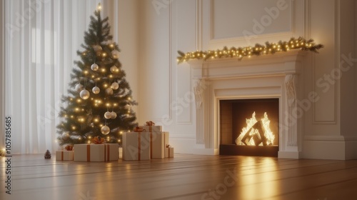 Cozy indoor Christmas setting with a decorated tree, gifts, and a glowing fireplace during the holiday season
