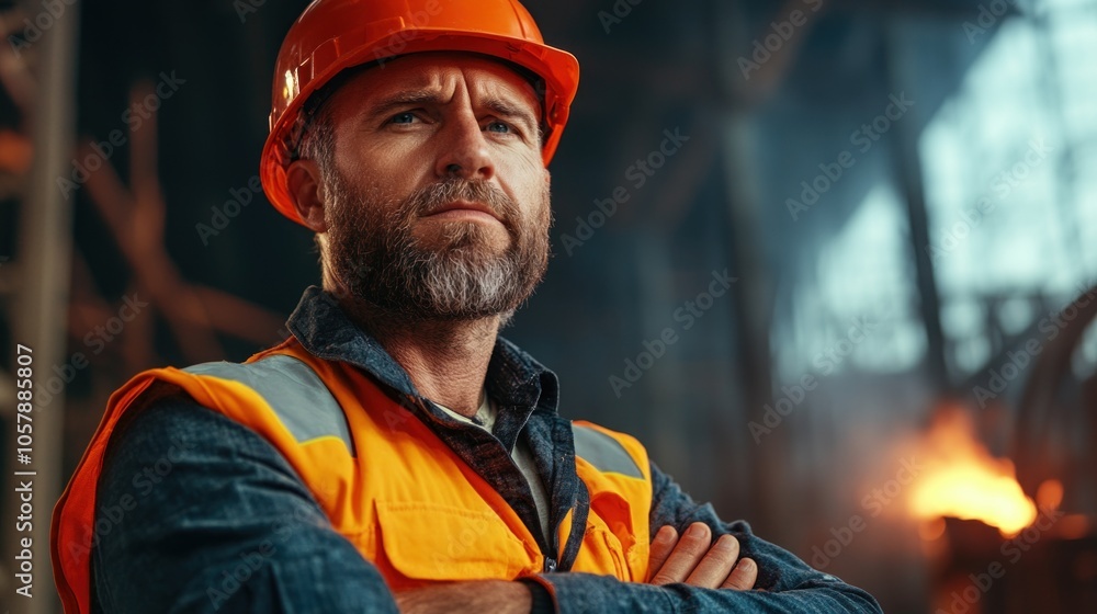 A dedicated construction worker, wearing an orange hard hat and reflective vest, stands with arms crossed at a bustling worksite, exuding confidence and commitment to safety A dedicated construction worker, wearing an orange hard hat and reflective vest, stands with arms crossed at a bustling worksite, exuding confidence and commitment to safety