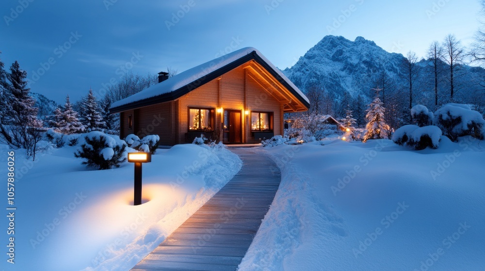 Fototapeta premium Snow-covered house with Christmas lights glowing in the evening, representing the warmth and beauty of the season