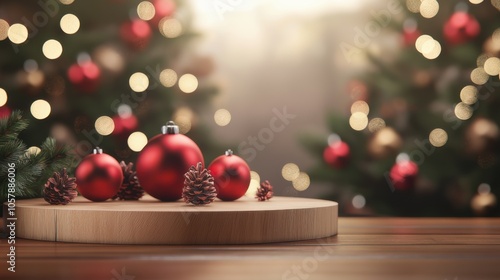 Elegant Christmas decorations with red ornaments and pine cones on a wooden table surrounded by festive lights