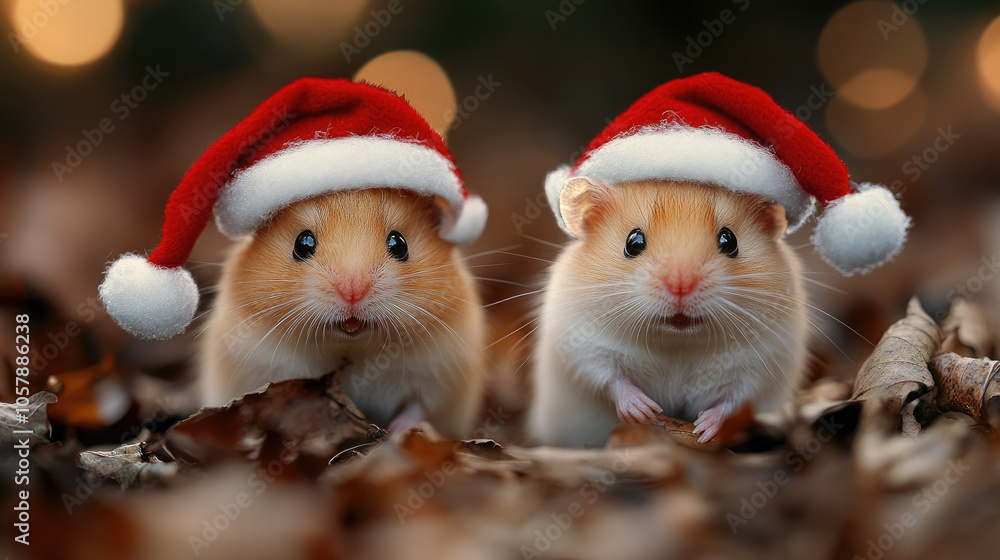 hamsters in Santa Claus hats on winter background, christmas, new year, xmas, greeting card illustration, rodent, mouse, pet, cute animal hamsters in Santa Claus hats on winter background, christmas, new year, xmas, greeting card illustration, rodent, mouse, pet, cute animal