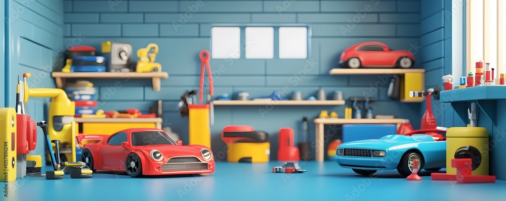 Naklejka premium Colorful toy cars and tools arranged in a bright garage setting, perfect for children's play and imaginative storytelling.