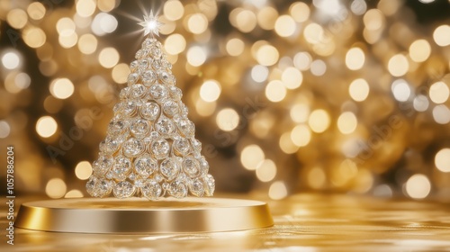 Elegant decorative Christmas tree figurine illuminated by soft golden lights during the festive season