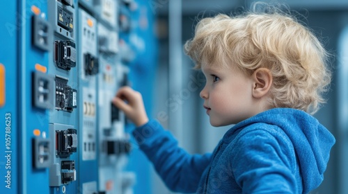 Child playing near an open electrical panel, highlighting the potential dangers of unsafe environments and the need for child safety photo