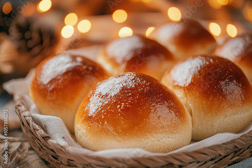 Freshly baked dinner rolls presented in a basket, creating cozy Thanksgiving atmosphere