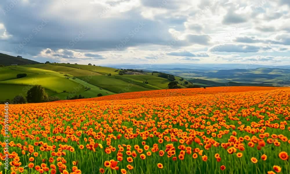 Vibrant orange poppies bloom across rolling green hills under clouds. Vibrant orange poppies bloom across rolling green hills under clouds.