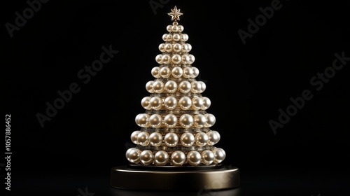 Elegant decorative Christmas tree made of golden ornaments on a sleek black background