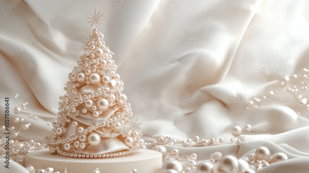 Fototapeta premium Elegant decorative Christmas tree made of pearls and fabric, adorned with a star, set against a soft, wavy background