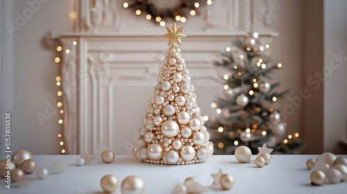 Elegant Christmas decoration featuring a pearl-studded tree and sparkling lights in a cozy living room