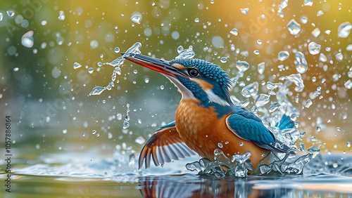 Female Kingfisher emerging from the water after an unsuccessful dive to grab a fish photo