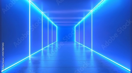 Tunnel illuminated by blue neon lights in a deserted futuristic setting