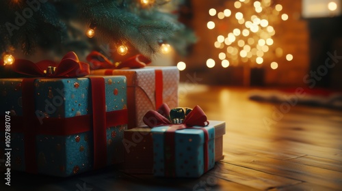 Festively wrapped Christmas gifts under a decorated tree with twinkling lights in a cozy living room on a winter evening