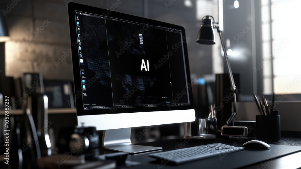Modern workspace with an AI-themed desktop setup in a stylish, dimly lit office environment Modern workspace with an AI-themed desktop setup in a stylish, dimly lit office environment