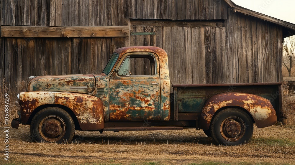 Obraz premium old abandoned truck against wooden house