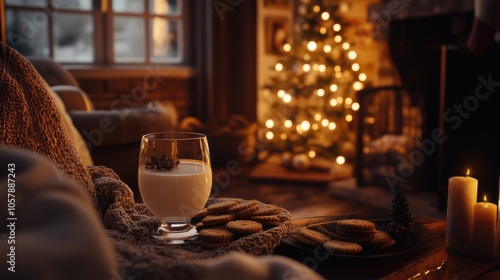 Cozy holiday evening with a glass of milk and cookies beside a beautifully decorated Christmas tree