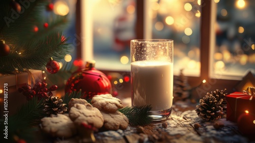 Cozy holiday setting with milk and cookies by the window during festive season