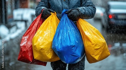 Person carrying heavy shopping bags after a trip to the store, illustrating the physical effort involved in daily chores photo